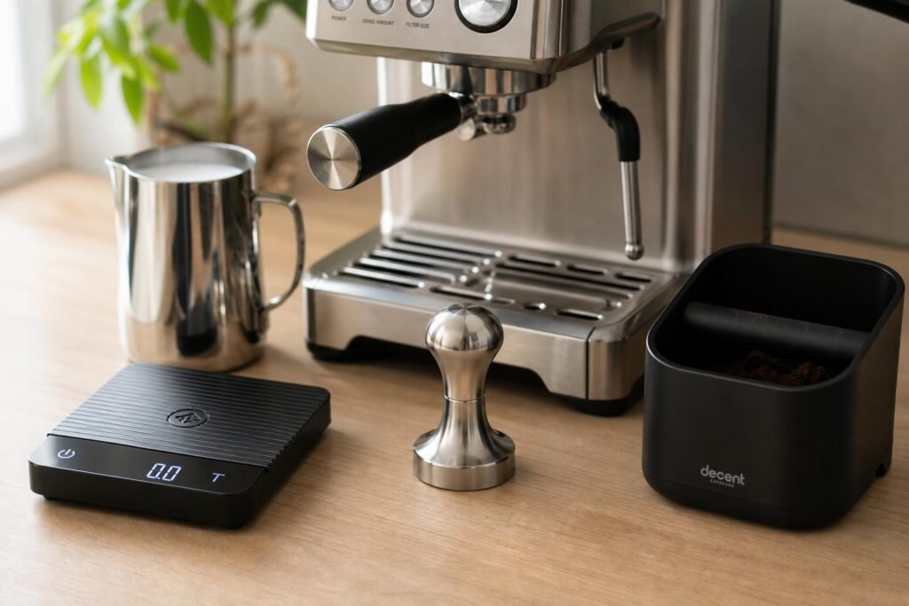 découvrez quels accessoires indispensables accompagner votre machine espresso : tamper, balance, knock box et pichet à lait pour préparer le café parfait.