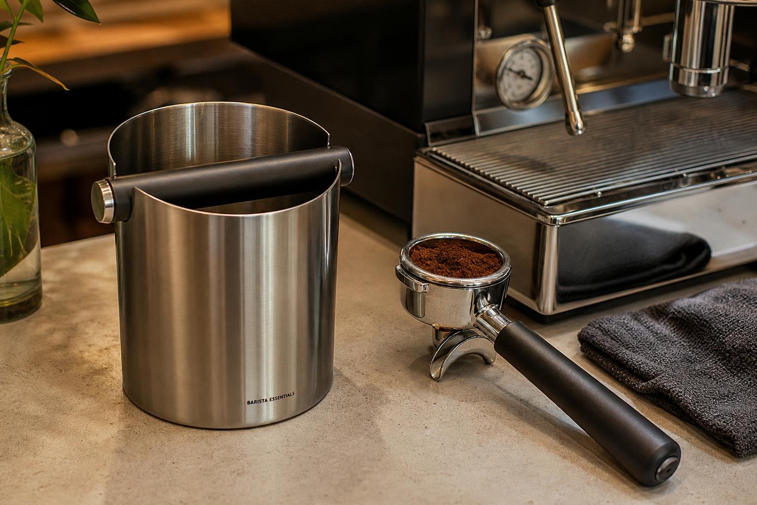 découvrez quels accessoires essentiels accompagner votre machine espresso : tamper, balance, knock box et pichet à lait pour préparer le café parfait.