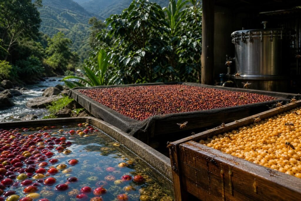 découvrez les différentes méthodes de traitement du café – café lavé, nature, honey et anaérobie – pour mieux comprendre leurs impacts sur les arômes et la qualité de votre tasse.