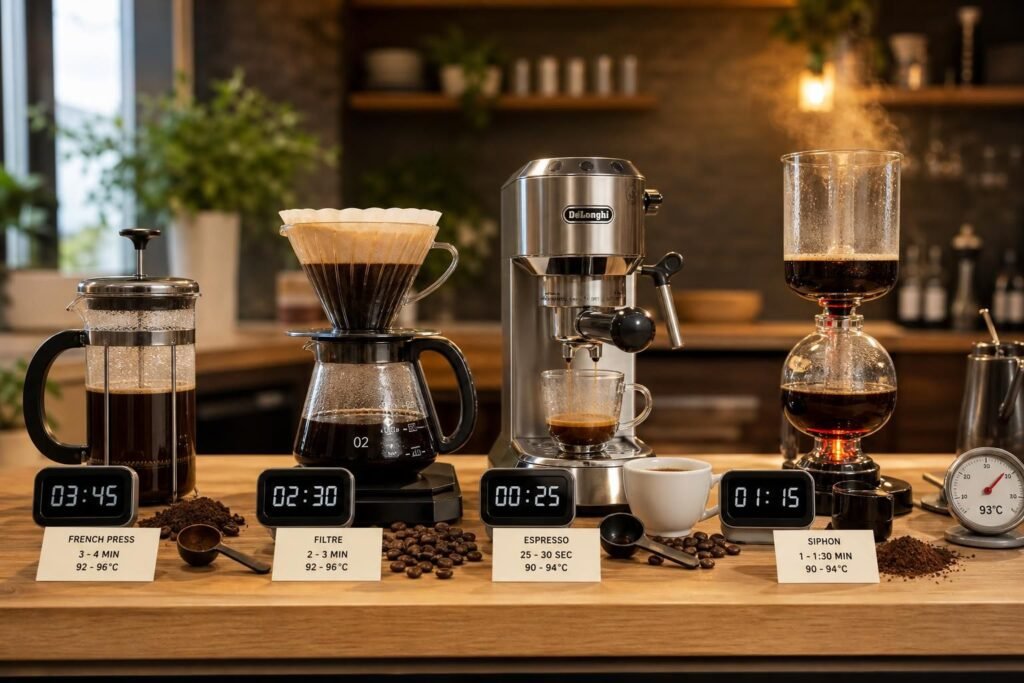 découvrez comment ajuster le temps d'infusion du café en fonction de la méthode utilisée pour obtenir une tasse parfaitement équilibrée et savoureuse.