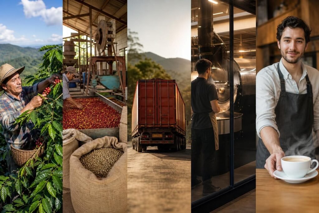 découvrez le parcours complet du café, de la récolte chez le producteur jusqu'à la dégustation dans votre tasse, et comprenez le fonctionnement de cette filière passionnante.